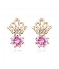 Korean Crown Style Zircon Inlaid Ear Studs - Pink