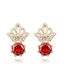 Korean Crown Style Zircon Inlaid Ear Studs - Red