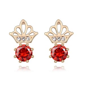 Korean Crown Style Zircon Inlaid Ear Studs - Red