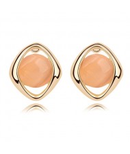 Elegant Opal Stone Embedded Gold Plated Rhombus Ear Studs - Light Orange