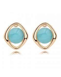 Elegant Opal Stone Embedded Gold Plated Rhombus Ear Studs - Blue