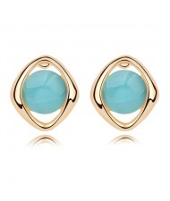 Elegant Opal Stone Embedded Gold Plated Rhombus Ear Studs - Blue