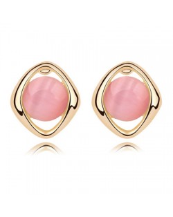 Elegant Opal Stone Embedded Gold Plated Rhombus Ear Studs - Pink