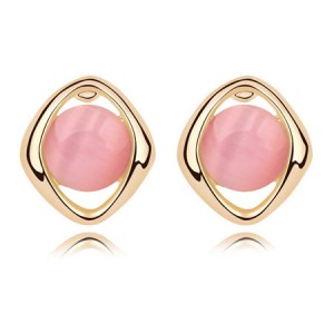 Elegant Opal Stone Embedded Gold Plated Rhombus Ear Studs - Pink