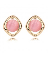 Elegant Opal Stone Embedded Gold Plated Rhombus Ear Studs - Pink