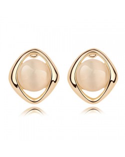 Elegant Opal Stone Embedded Gold Plated Rhombus Ear Studs - Beige