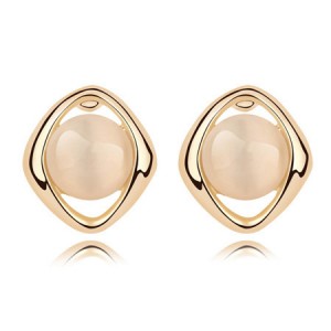 Elegant Opal Stone Embedded Gold Plated Rhombus Ear Studs - Beige