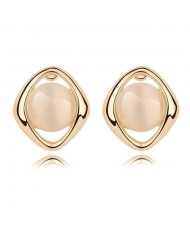 Elegant Opal Stone Embedded Gold Plated Rhombus Ear Studs - Beige