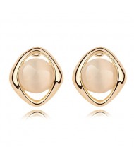 Elegant Opal Stone Embedded Gold Plated Rhombus Ear Studs - Beige