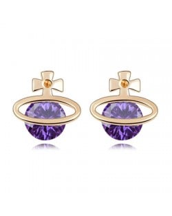 Golden Cross Universe Design Zircon Ear Studs - Grape