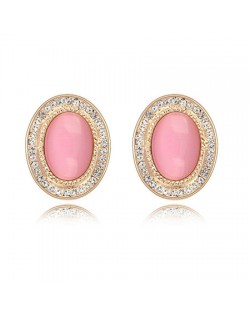 Graceful Opal Stone Embedded with Rhinestones Decorated Golden Rim Oval Shape Ear Studs - Pink