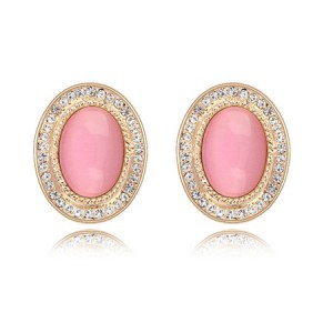 Graceful Opal Stone Embedded with Rhinestones Decorated Golden Rim Oval Shape Ear Studs - Pink