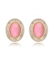 Graceful Opal Stone Embedded with Rhinestones Decorated Golden Rim Oval Shape Ear Studs - Pink