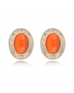 Graceful Opal Stone Embedded with Rhinestones Decorated Golden Rim Oval Shape Ear Studs - Orange