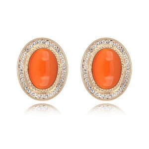 Graceful Opal Stone Embedded with Rhinestones Decorated Golden Rim Oval Shape Ear Studs - Orange