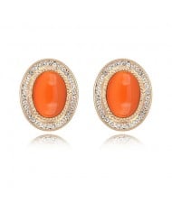 Graceful Opal Stone Embedded with Rhinestones Decorated Golden Rim Oval Shape Ear Studs - Orange