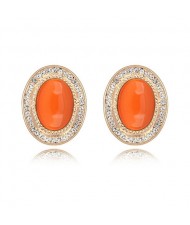 Graceful Opal Stone Embedded with Rhinestones Decorated Golden Rim Oval Shape Ear Studs - Orange