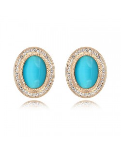 Graceful Opal Stone Embedded with Rhinestones Decorated Golden Rim Oval Shape Ear Studs - Blue