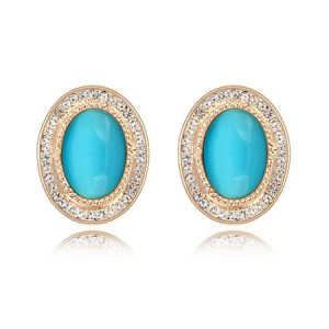 Graceful Opal Stone Embedded with Rhinestones Decorated Golden Rim Oval Shape Ear Studs - Blue