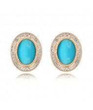 Graceful Opal Stone Embedded with Rhinestones Decorated Golden Rim Oval Shape Ear Studs - Blue