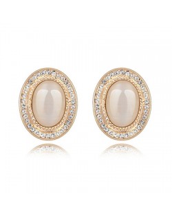 Graceful Opal Stone Embedded with Rhinestones Decorated Golden Rim Oval Shape Ear Studs - Beige