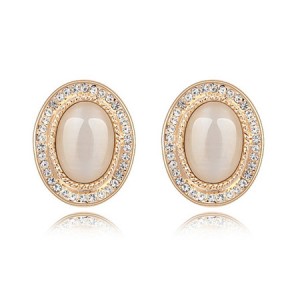 Graceful Opal Stone Embedded with Rhinestones Decorated Golden Rim Oval Shape Ear Studs - Beige