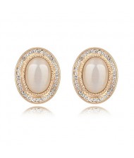 Graceful Opal Stone Embedded with Rhinestones Decorated Golden Rim Oval Shape Ear Studs - Beige