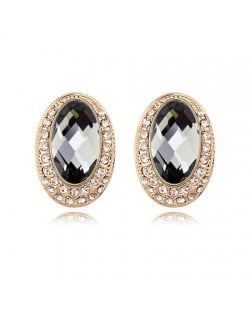 Luxurious Rhinestones Inlaid Gem Style Bold Elliptic Ear Studs - Black