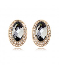 Luxurious Rhinestones Inlaid Gem Style Bold Elliptic Ear Studs - Black