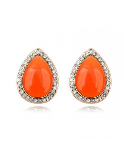 Rhinestones and Opal Stone Inlaid Water-drop Ear Studs - Orange