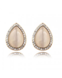 Rhinestones and Opal Stone Inlaid Water-drop Ear Studs - Beige