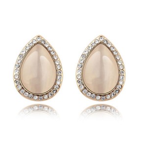 Rhinestones and Opal Stone Inlaid Water-drop Ear Studs - Beige