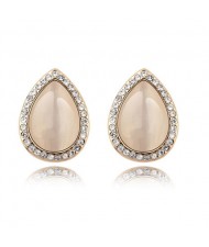 Rhinestones and Opal Stone Inlaid Water-drop Ear Studs - Beige