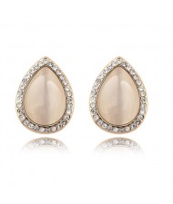 Rhinestones and Opal Stone Inlaid Water-drop Ear Studs - Beige