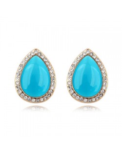 Rhinestones and Opal Stone Inlaid Water-drop Ear Studs - Blue