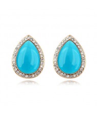 Rhinestones and Opal Stone Inlaid Water-drop Ear Studs - Blue