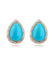 Rhinestones and Opal Stone Inlaid Water-drop Ear Studs - Blue