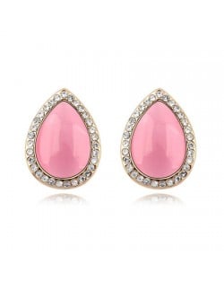 Rhinestones and Opal Stone Inlaid Water-drop Ear Studs - Pink
