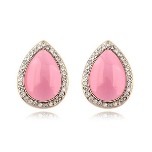 Rhinestones and Opal Stone Inlaid Water-drop Ear Studs - Pink