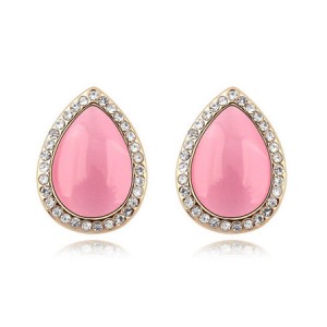 Rhinestones and Opal Stone Inlaid Water-drop Ear Studs - Pink