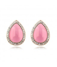 Rhinestones and Opal Stone Inlaid Water-drop Ear Studs - Pink