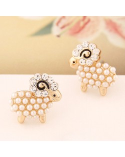 Pearl and Rhinestone Inlaid Cute Sheep Ear Studs