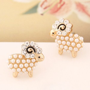 Pearl and Rhinestone Inlaid Cute Sheep Ear Studs