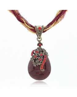 Luxuriant Flowers Attached Water-drop Pendant Bohemian Necklace - Dark Red