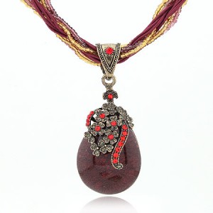 Luxuriant Flowers Attached Water-drop Pendant Bohemian Necklace - Dark Red