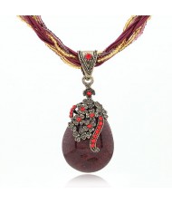 Luxuriant Flowers Attached Water-drop Pendant Bohemian Necklace - Dark Red