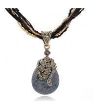 Luxuriant Flowers Attached Water-drop Pendant Bohemian Necklace - Gray