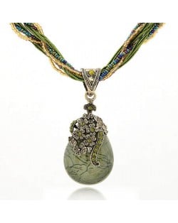 Luxuriant Flowers Attached Water-drop Pendant Bohemian Necklace - Ink Green