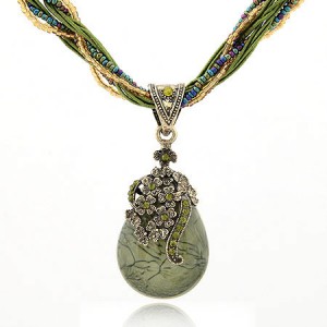 Luxuriant Flowers Attached Water-drop Pendant Bohemian Necklace - Ink Green