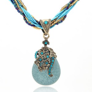 Luxuriant Flowers Attached Water-drop Pendant Bohemian Necklace - Light Blue